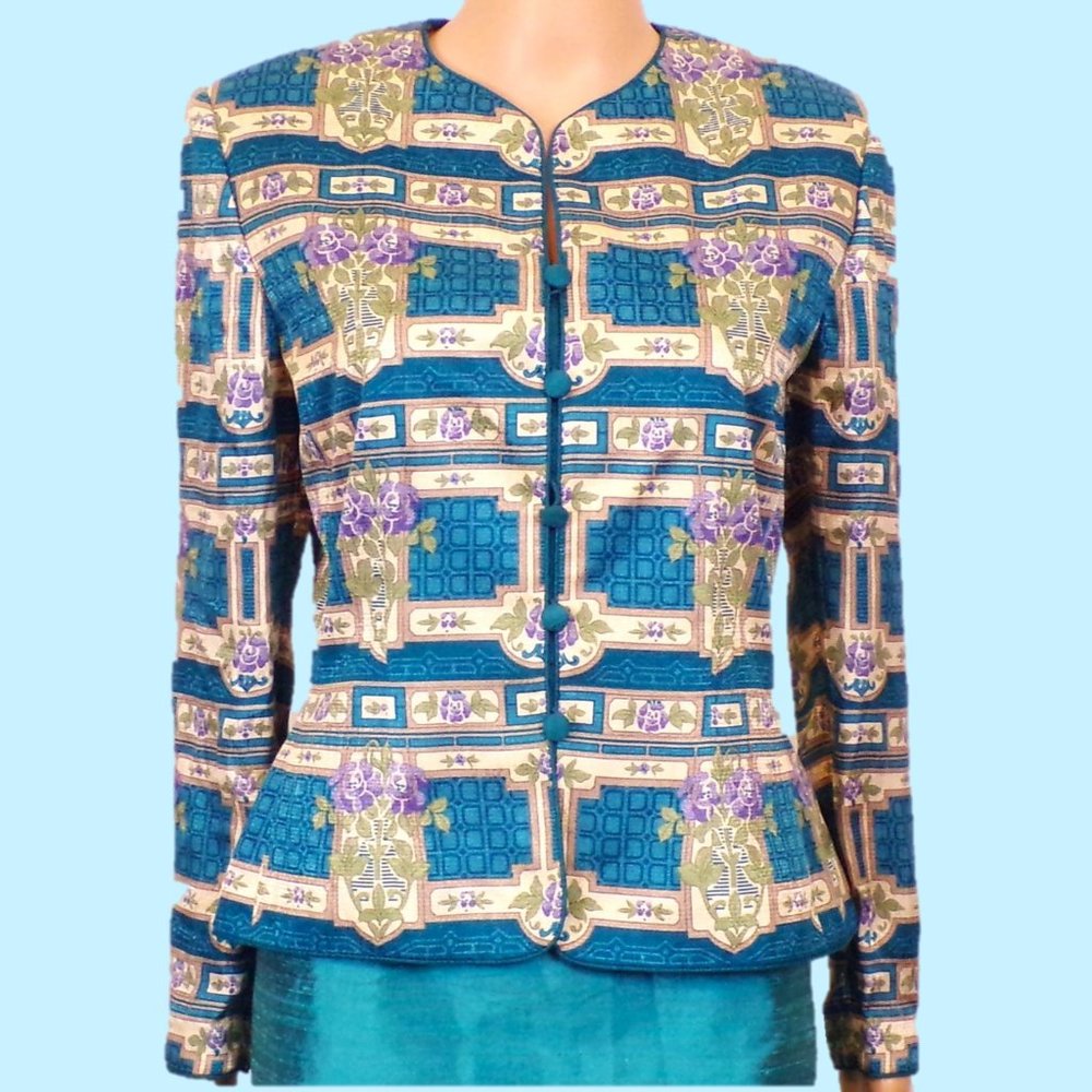 SILK! ADRIANNA PAPELL size 6 aquamarine/green/purple/cream Mao-style jacket